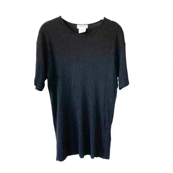 Olsen Black Ribbed Tunic Top Crewneck Half Sleeves Viscose Stretch Casual Classi - Picture 1 of 5